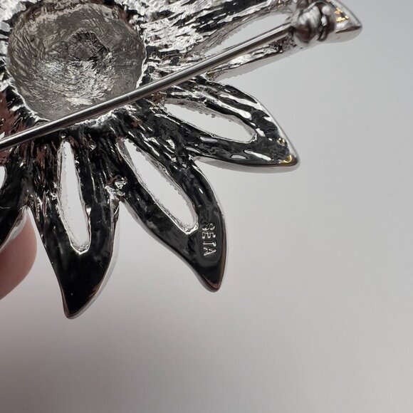 Vintage SETA Brooch Rhinestone Silver Tone Flower Large Chunky - Picture 8 of 9
